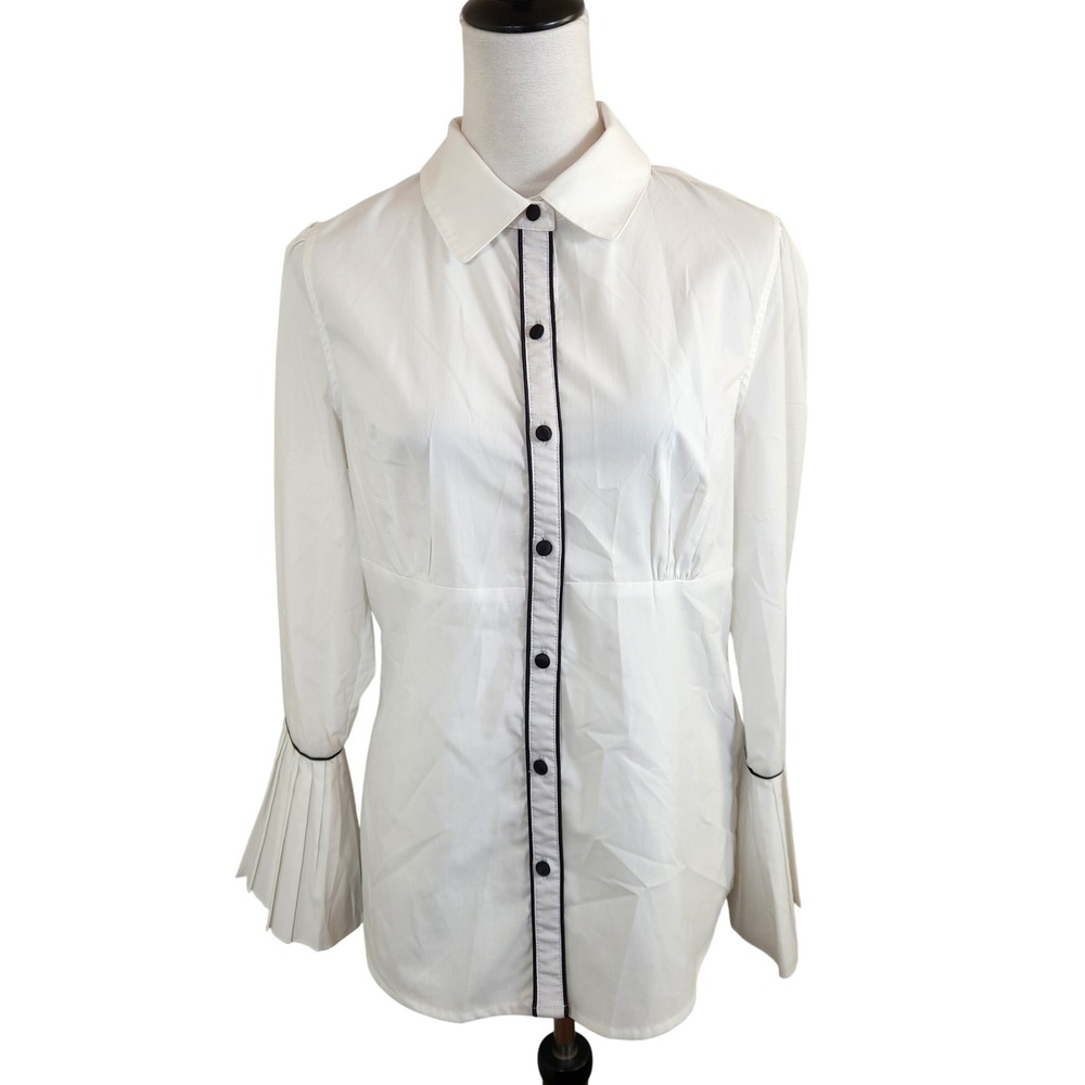 Dress Barn Womens Medium White Black Trim Pleated Bell Sleeve Button Down Shirt - Picture 9 of 10